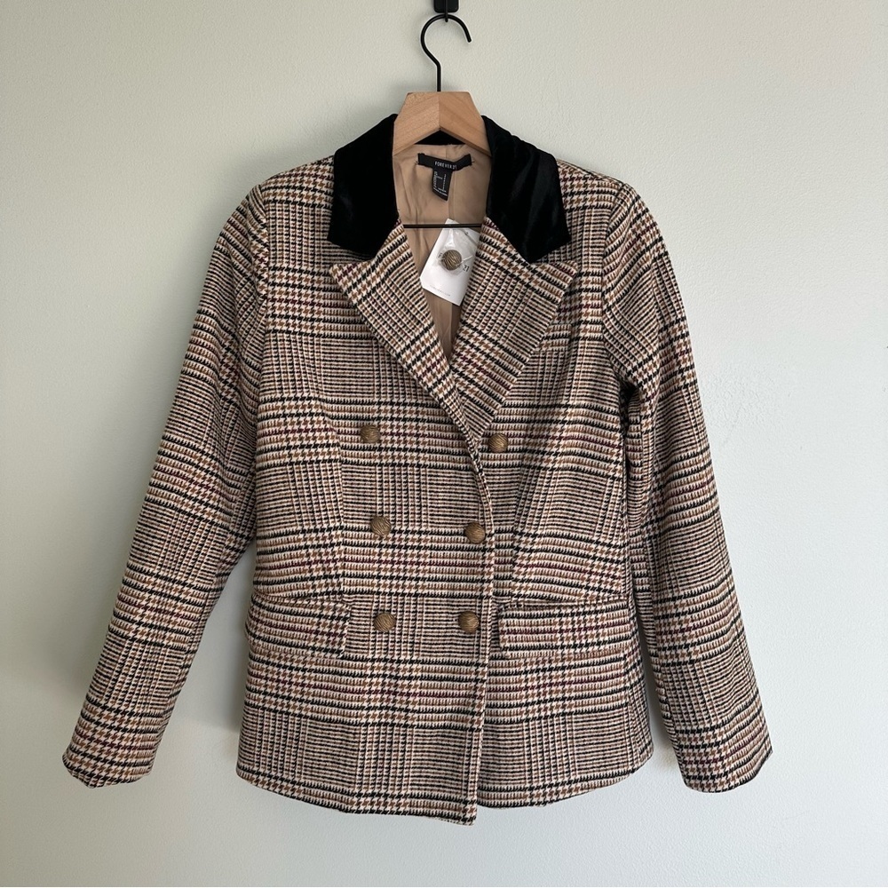 Forever 21 Plaid Double Breasted Velvet Collar Gold Buttons Blazer Jacket
